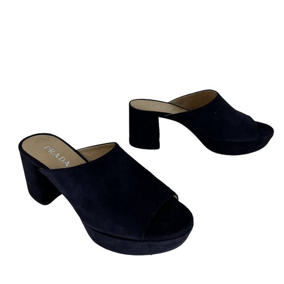Prada Suede Navy Platform Heeled Mules - Picture 5 of 11